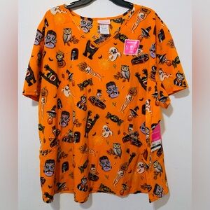 Scrubstar Fright Friends Sz 3XL Women's V-Neck Scrub Top Orange